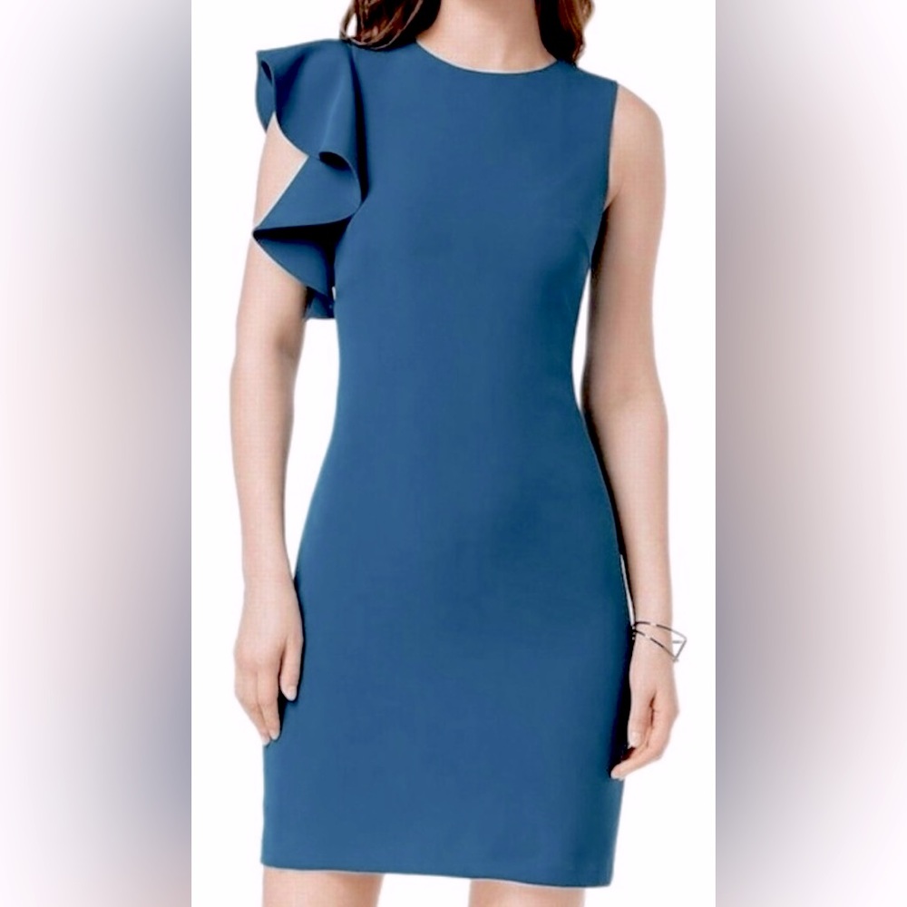 Julia Jordan Teal Blue Women's Sheath One Shoulder Ruffle Cocktail Dress